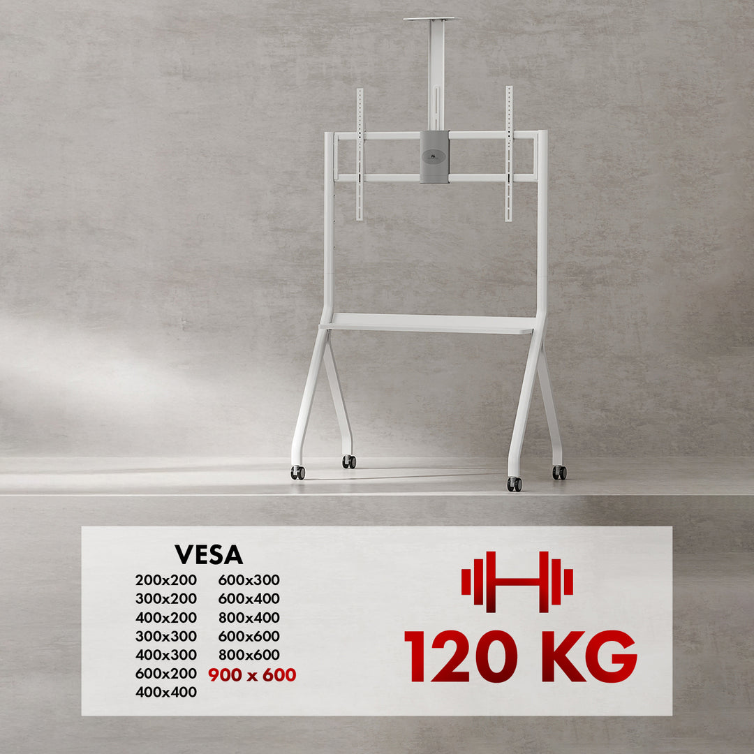 Suporte/carrinho TV Maclean, prateleira para câmara, sobre rodas, 55-100", carga máxima 120 kg/prateleira de 10 kg, VESA máx. 900x600, branco, MC-114 W