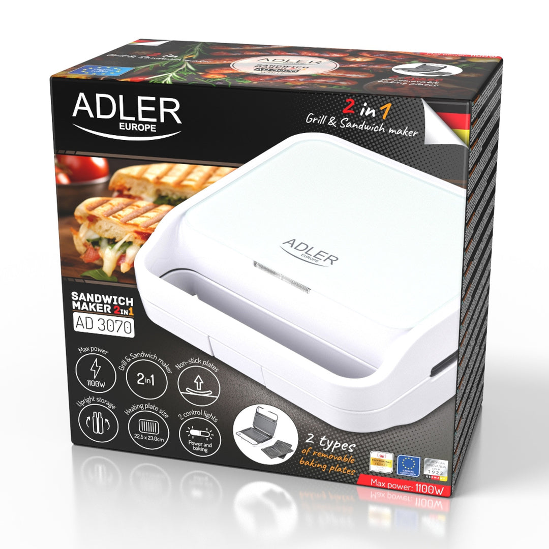 Adler AD 3070 Tostadora de sandwiches, Grill de contacto, 1100W, Color blanco