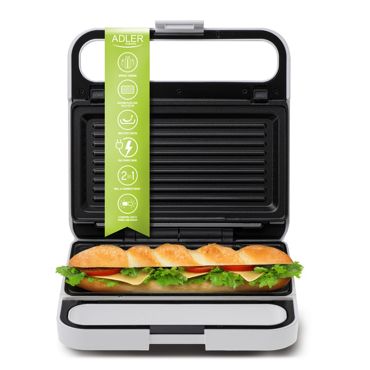 Adler AD 3070 Tostadora de sandwiches, Grill de contacto, 1100W, Color blanco