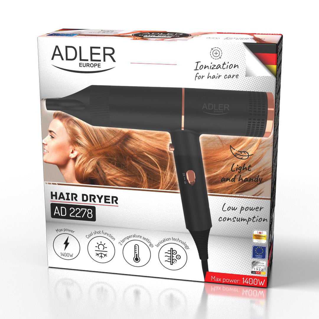 Adler AD 2278 Secador de pelo, ionización, 2 fases de soplado, Color negro