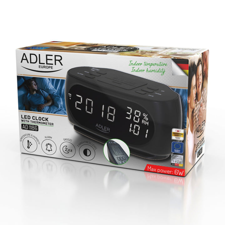 Relógio Adler, Despertador, Medidor de Temperatura e Humidade, Display LED, Preto, AD 1186