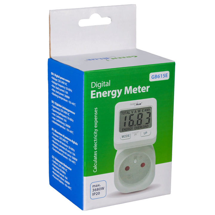 Contador de Energia GreenBlue GB615 E, Wattímetro, 16 A, Máx. 3680 W, Submemória, 2 Peças