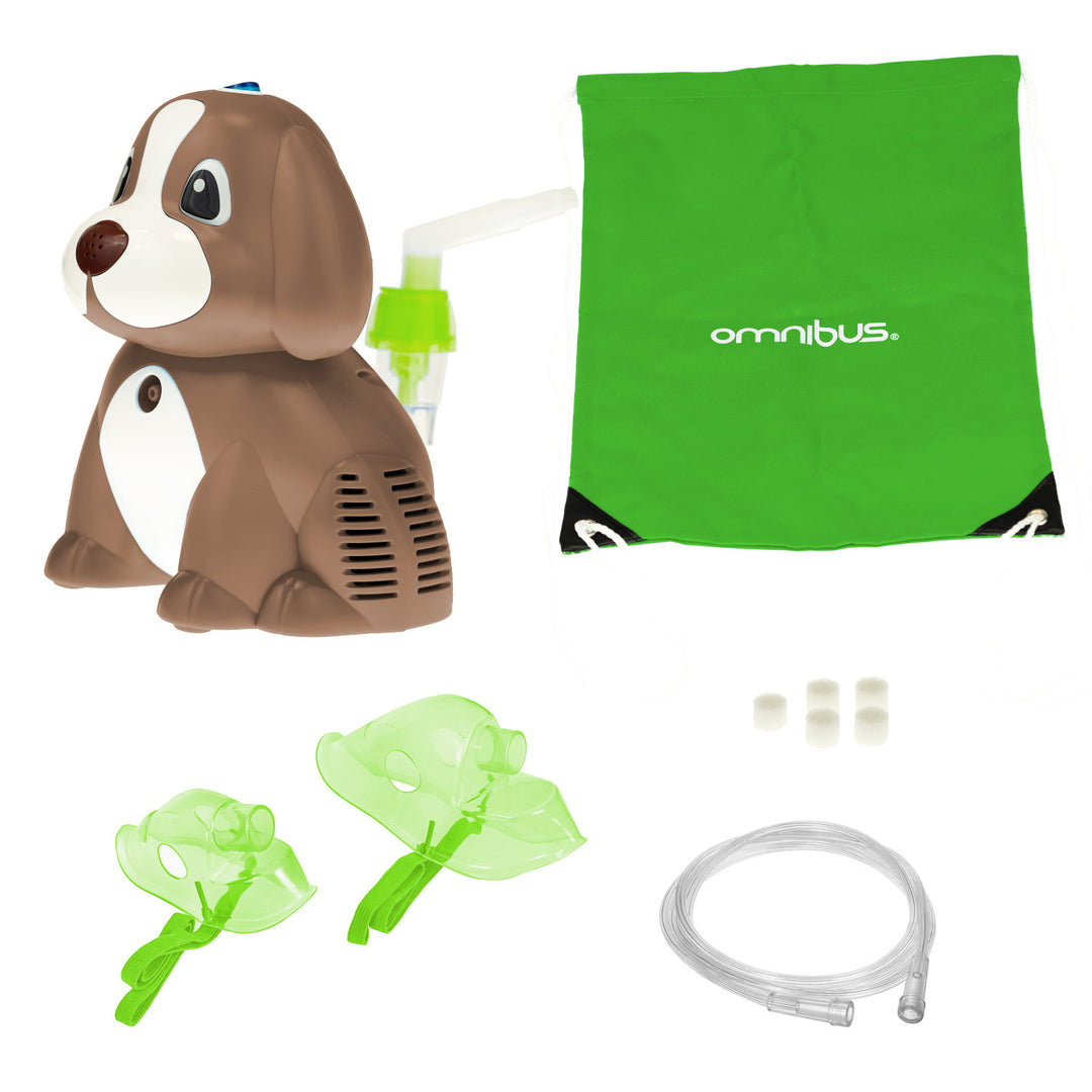 Inalador de pistão Omnibus BR-CN171, nebulizador para crianças, 2 máscaras, cão castanho