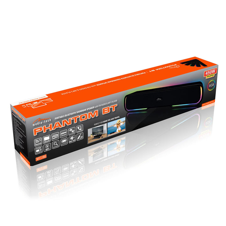 Media-Tech Altavoz Bluetooth portátil con barra de sonido, retroiluminación RGB multicolor, RMS 10 W, PMPO 450 W, radio FM, MP3. AUX, batería recargable integrada, PHANTOM BT
