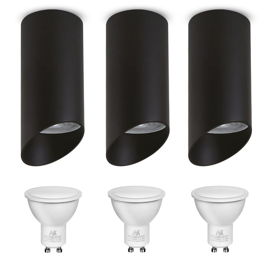 Maclean MCE360 B Luminaria/tubo de superficie, spot, redondo, aluminio, GU10, 55x130mm, color negro, 3pcs + bombilla LED GU10 7W Maclean Energy MCE437 NW blanco neutro 4000K, 220-240V~, 50/60Hz 3pcs