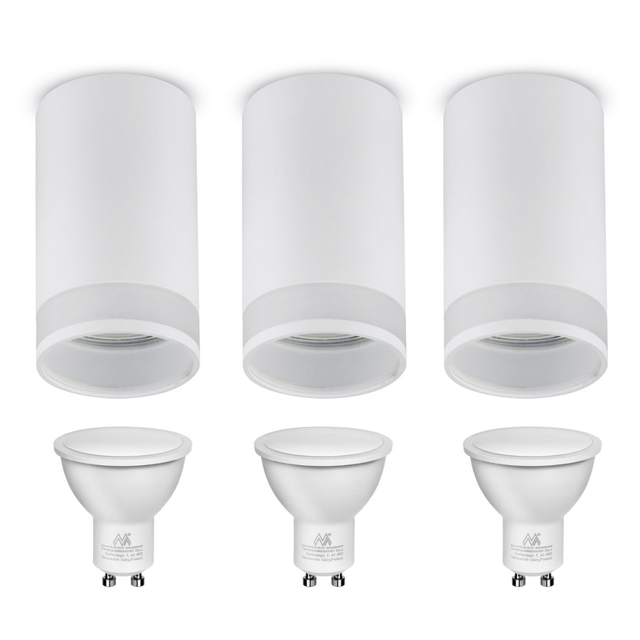 Maclean MCE361 W Luminária/tubo de montagem superficial, spot, redondo, alumínio, GU10, 55x130 mm, branco 3 peças + lâmpada LED GU10 7 W Maclean Energy MCE437 NW branco neutro 4000 K, 220-240 V~, 50/60 Hz 3 peças