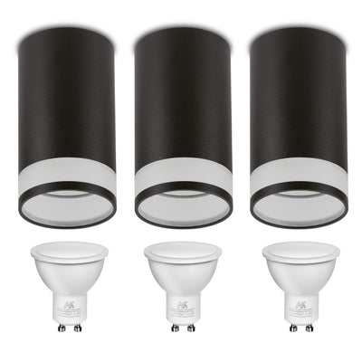 Maclean MCE361 B Luminária/tubo de montagem em superfície, spot, redondo, alumínio, GU10, 55x130 mm, preto 3 peças + Maclean Energy MCE437 WW GU10 lâmpada LED de 7 W, branco quente 3000 K, 220-240 V~, 50/60 Hz, 490 lm, 3 peças