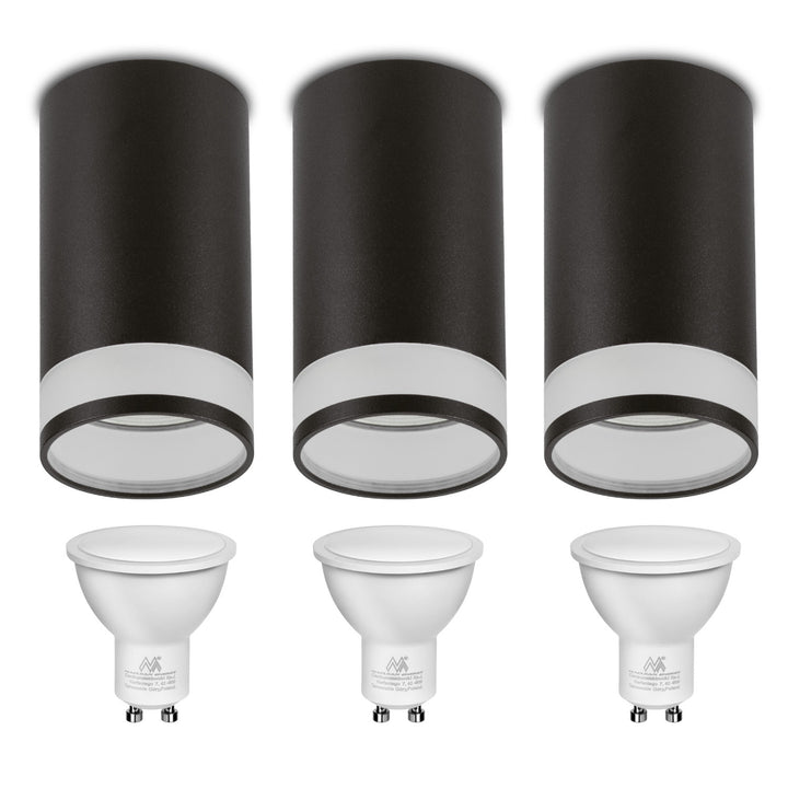 Luminária de superfície/tubo Maclean MCE361 B, spot, redonda, alumínio, GU10, 55x130 mm, preta 3 peças+ Lâmpada LED Maclean Energy MCE437 NW GU10 7 W branco neutro 4000 K, 220-240 V~, 50/60 Hz, 490 3 peças
