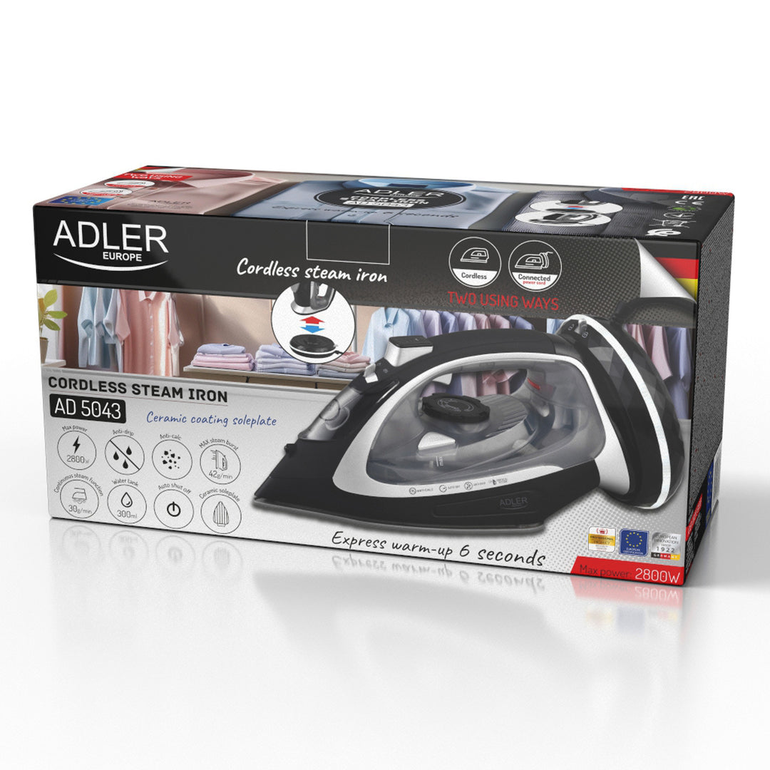Ferro a vapor sem fio Adler AD 5043, placa de cerâmica, 2800 W
