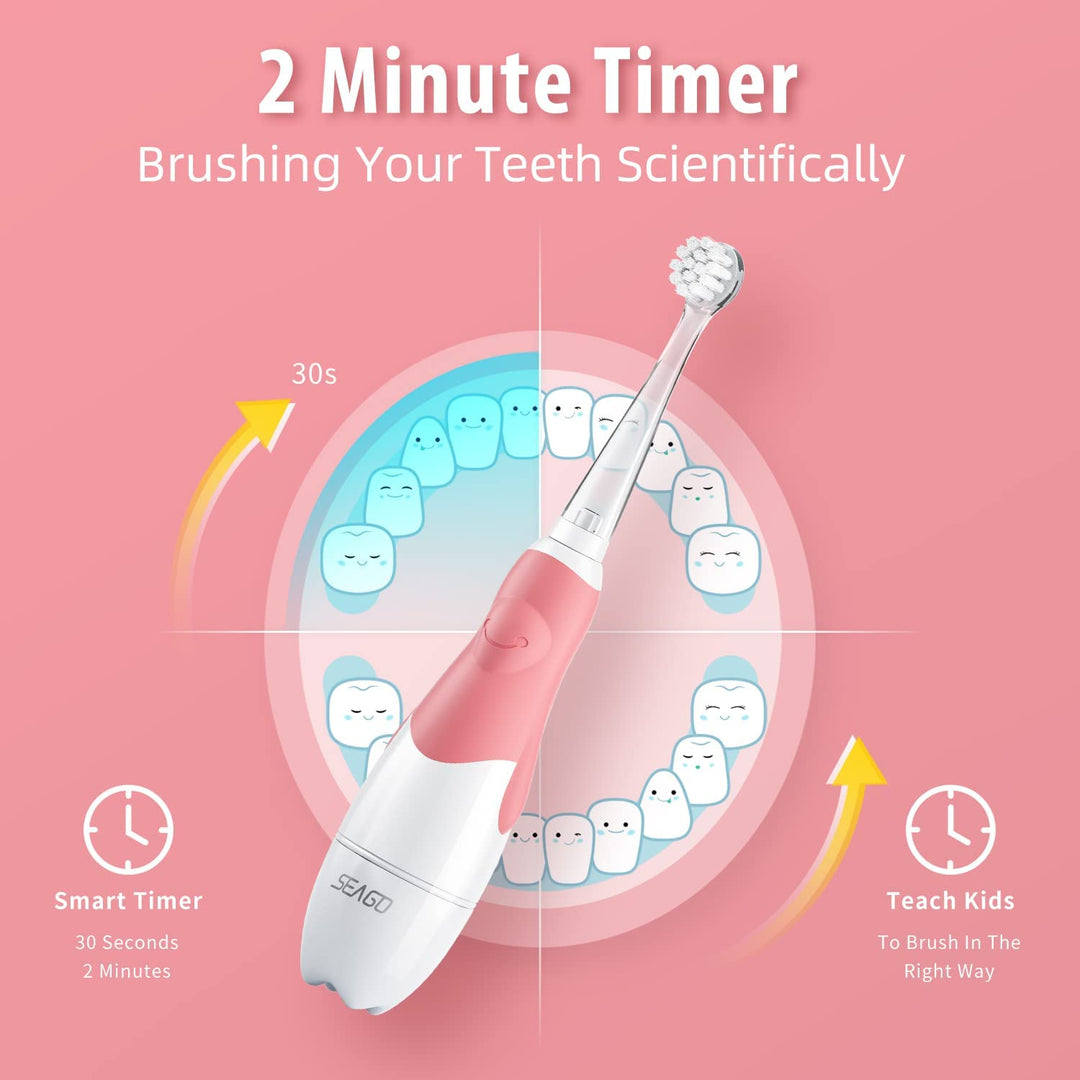 SEAGO Cepillo dental sónico infantil, Color rosa, 1xAA 1,5V (no incluido), 4 puntas, SG-513 Rosa + Juego de cepillos dentales de recambio para SG-513, SG-977 SEAGO, 4 piezas, Color transparente, SG-513 Recambio