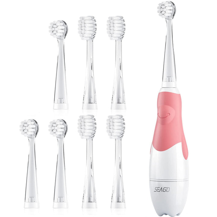 SEAGO Cepillo dental sónico infantil, Color rosa, 1xAA 1,5V (no incluido), 4 puntas, SG-513 Rosa + Juego de cepillos dentales de recambio para SG-513, SG-977 SEAGO, 4 piezas, Color transparente, SG-513 Recambio