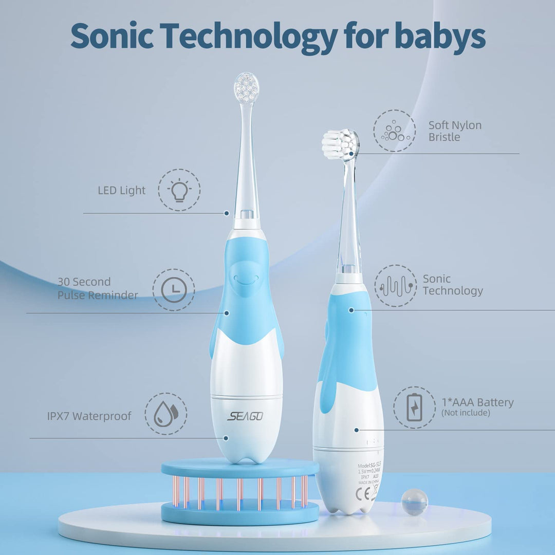 SEAGO Cepillo dental sónico infantil, Color azul, 1xAA 1,5V (no incluido), 4 puntas, SG-513 Azul + Juego de cepillos dentales de recambio para SG-513, SG-977 SEAGO, 4 piezas, Color transparente, SG-513 Recambio