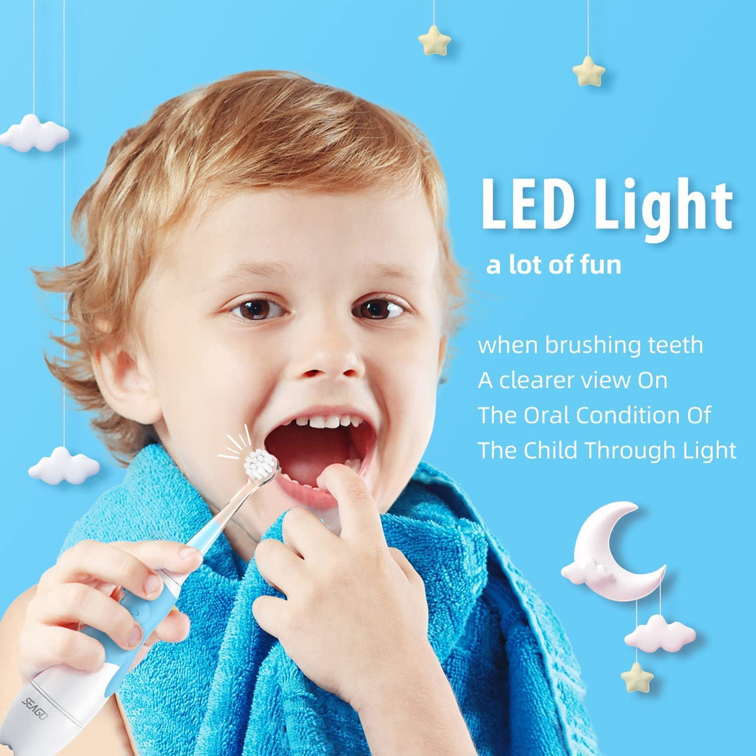 SEAGO Cepillo dental sónico infantil, Color azul, 1xAA 1,5V (no incluido), 4 puntas, SG-513 Azul + Juego de cepillos dentales de recambio para SG-513, SG-977 SEAGO, 4 piezas, Color transparente, SG-513 Recambio