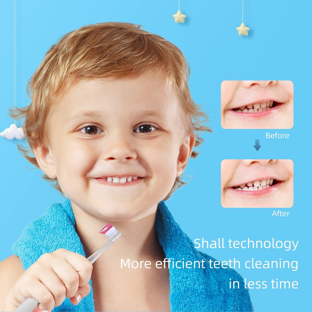 SEAGO Cepillo dental sónico infantil, Color azul, 1xAA 1,5V (no incluido), 4 puntas, SG-513 Azul + Juego de cepillos dentales de recambio para SG-513, SG-977 SEAGO, 4 piezas, Color transparente, SG-513 Recambio