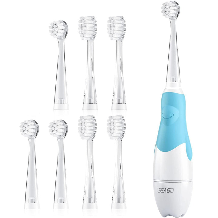 SEAGO Cepillo dental sónico infantil, Color azul, 1xAA 1,5V (no incluido), 4 puntas, SG-513 Azul + Juego de cepillos dentales de recambio para SG-513, SG-977 SEAGO, 4 piezas, Color transparente, SG-513 Recambio