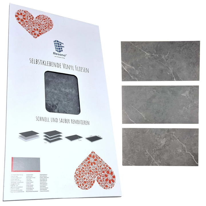 Fliesana Baldosas autoadhesivas para suelos y paredes, juego de 3, impermeables, diseño de piedra natural, color gris oscuro