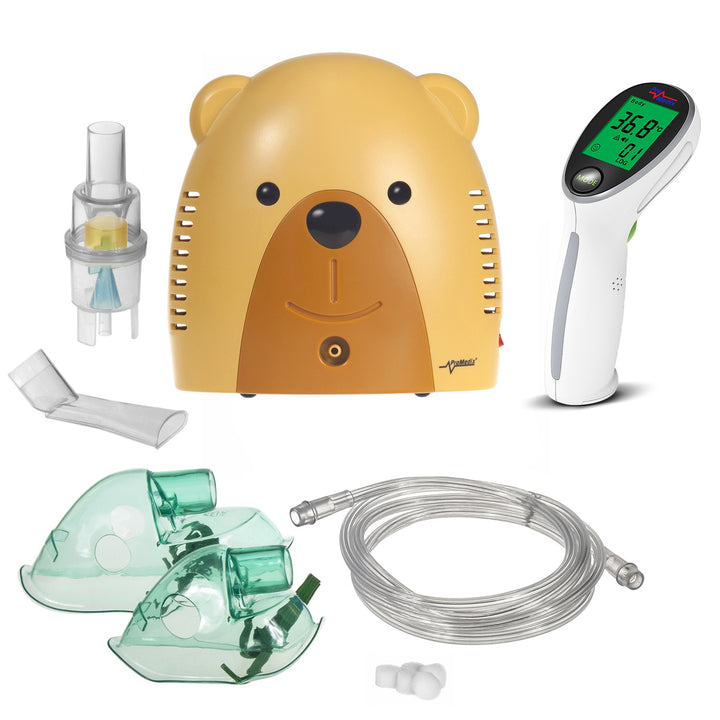 Inalador infantil Promedix, ursinho de peluche, nebulizador, máscara, conjunto de filtros, PR-811 + termómetro médico infravermelho sem contacto Promedix PR-960