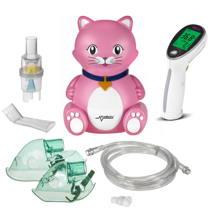 Inalador infantil ProMedix, conjunto nebulizador, máscaras, filtros, PR-816 + termómetro médico infravermelho sem contacto Promedix PR-960