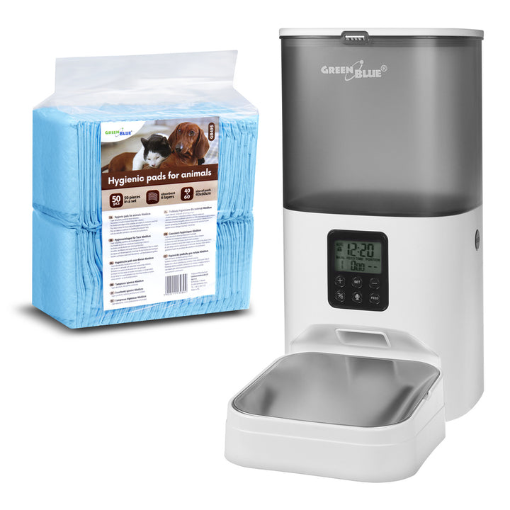 GreenBlue dispensador automático de comida para mascotas, 6L, USB 5V1A, GB393 + GreenBlue almohadillas/alfombrillas higiénicas para perros/gatos, para entrenamiento de pipí de mascotas, 60x40cm, 50pcs, GB495