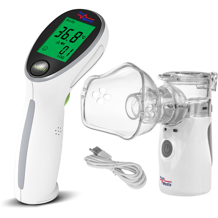 Nebulizador e inalador portátil sem fios Promedix, kit com máscaras, PR-835 + termómetro médico infravermelho sem contacto Promedix PR-960