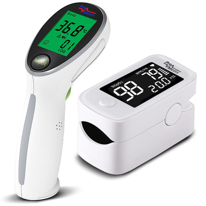 Oxímetro de pulso médico Promedix PR-870 com LED HD de 1,5" + termómetro médico infravermelho sem contacto Promedix PR-960