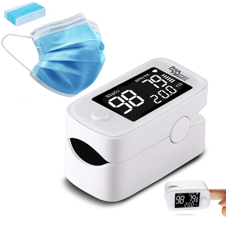 Oxímetro de pulso médico LED HD Promedix PR-870 de 1,5" + 2 máscaras faciais médicas CE EN 14683:2019 - Conjunto - Azul 10 peças Promedix PR-280 BFE&gt;98%...