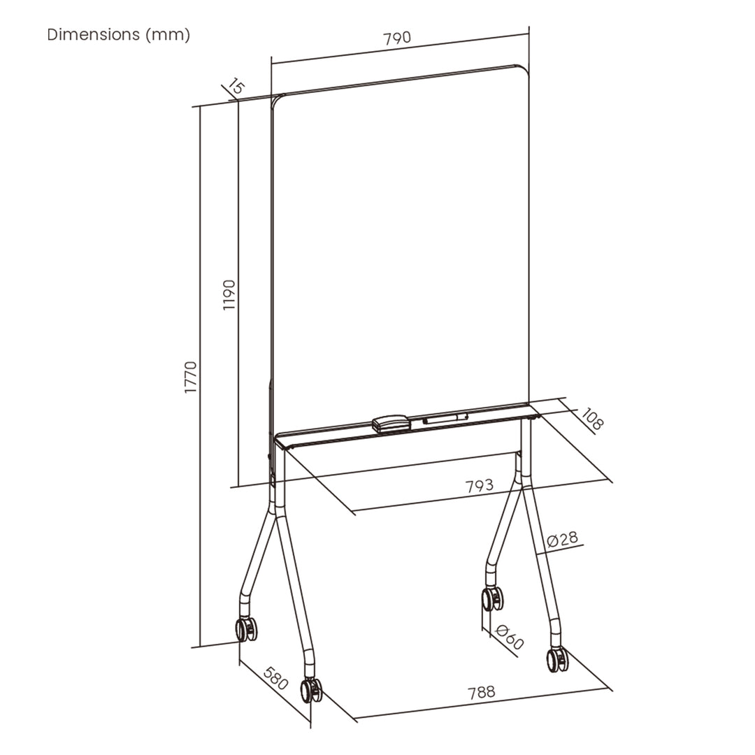 Pizarra móvil de borrado en seco Ergo Office, orientación vertical, blanca, de una cara, con estante, dimensiones de la pizarra 1190x790mm, ER-305