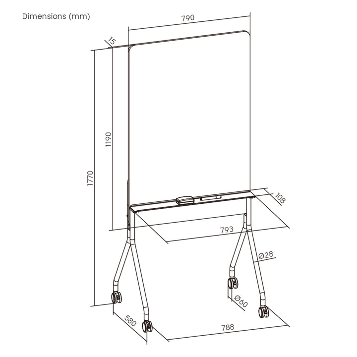 Pizarra móvil de borrado en seco Ergo Office, orientación vertical, blanca, de una cara, con estante, dimensiones de la pizarra 1190x790mm, ER-305