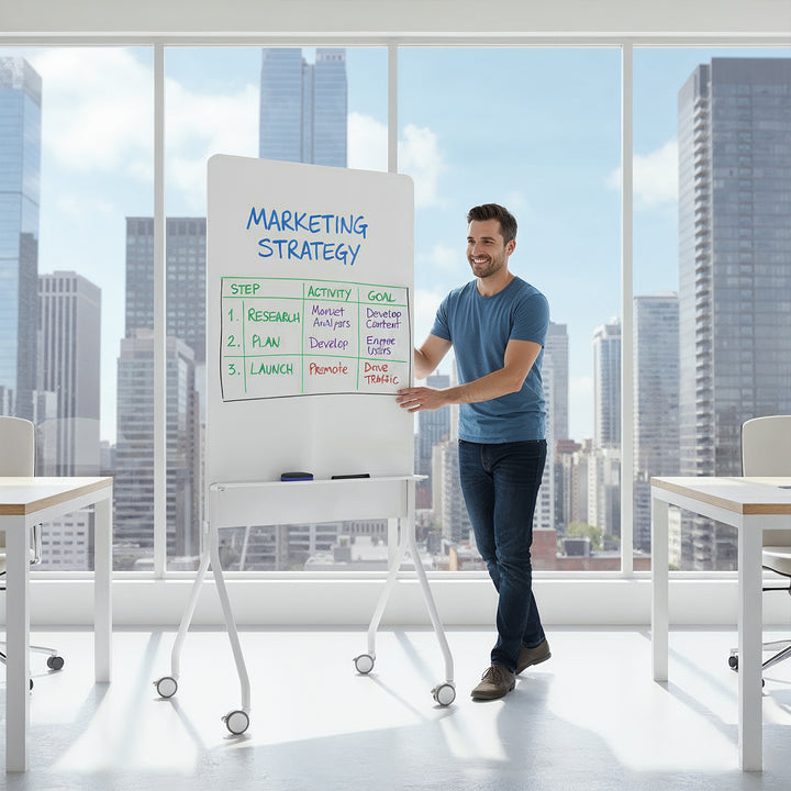 Pizarra móvil de borrado en seco Ergo Office, orientación vertical, blanca, de una cara, con estante, dimensiones de la pizarra 1190x790mm, ER-305