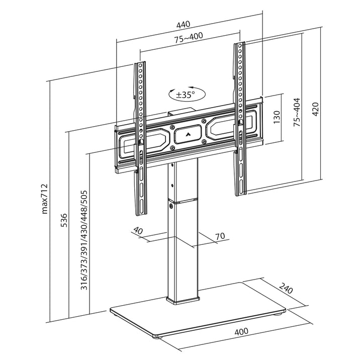 Soporte de TV universal Maclean, para mueble RTV, soporte, máx. 40kg, máx. VESA 400x400, ajuste de altura e inclinación, para televisores de 32-65", MC-1240