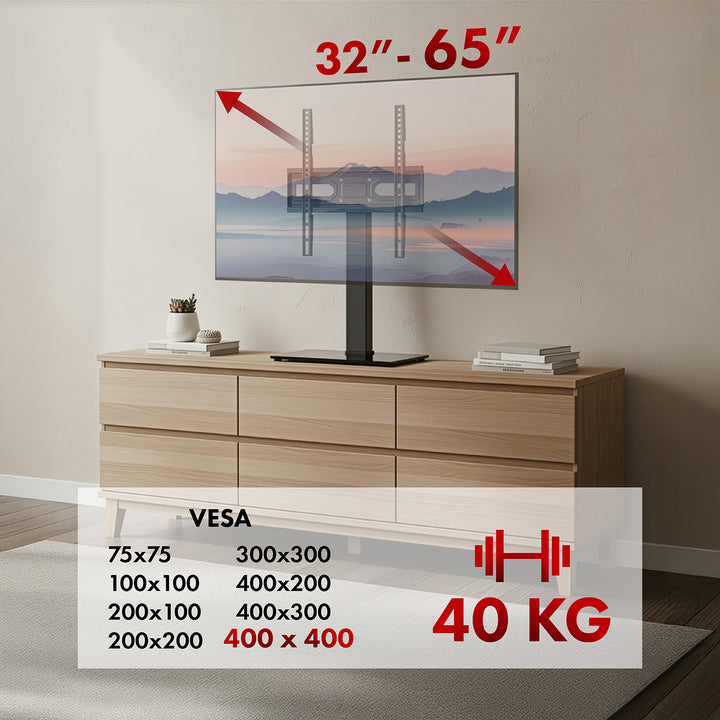 Soporte de TV universal Maclean, para mueble RTV, soporte, máx. 40kg, máx. VESA 400x400, ajuste de altura e inclinación, para televisores de 32-65", MC-1240