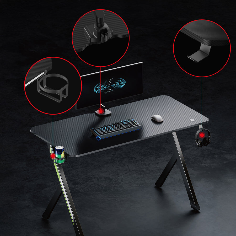 Escritorio para juegos NanoRS, negro, con soporte para auriculares y vasos, max. 75kg, dimensiones 1200x600x750mm, RS101
