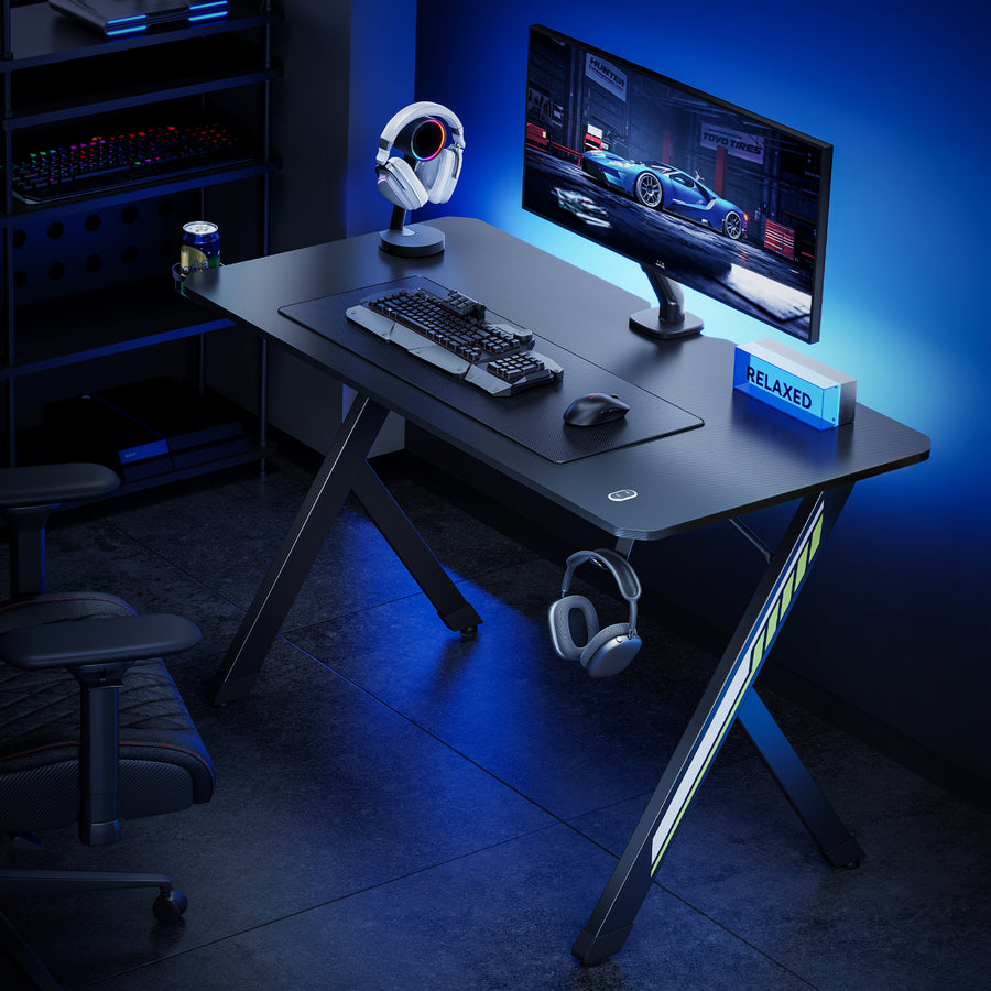 Escritorio para juegos NanoRS, negro, con soporte para auriculares y vasos, max. 75kg, dimensiones 1200x600x750mm, RS101