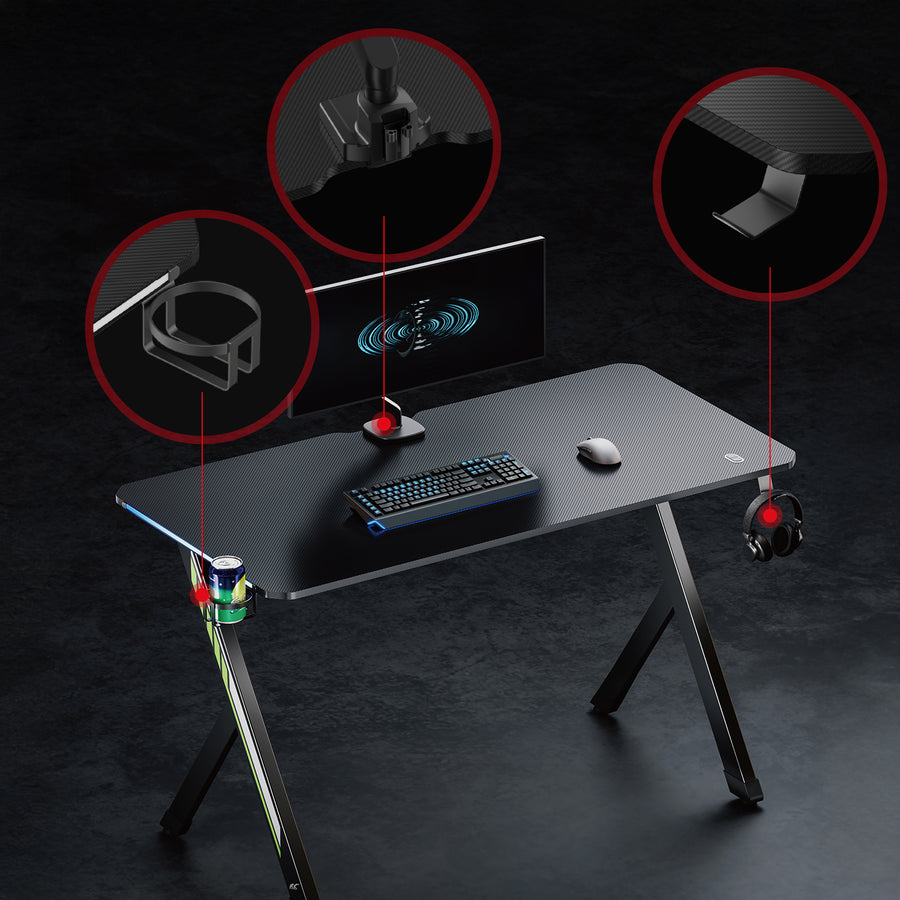 Escritorio para juegos NanoRS, negro, con soporte para auriculares y tazas, retroiluminación RGB, max. 75kg, dimensiones 1200x600x750mm, RS102