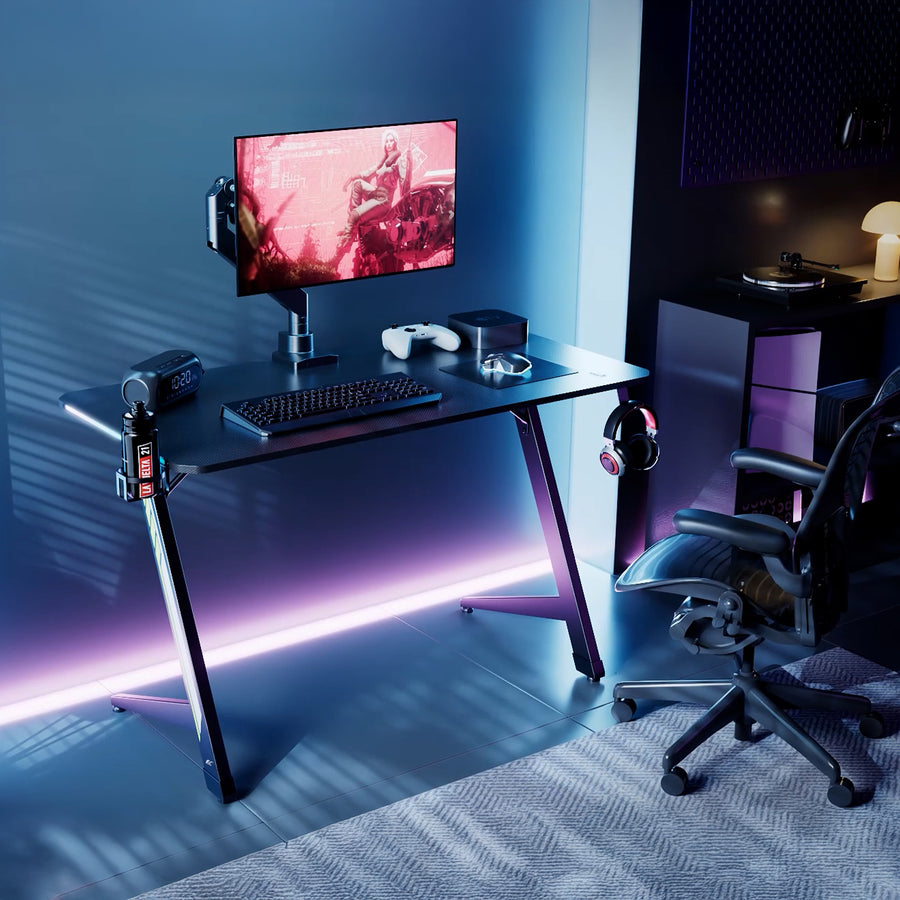 Escritorio para juegos NanoRS, negro, con soporte para auriculares y tazas, retroiluminación RGB, max. 75kg, dimensiones 1200x600x750mm, RS102
