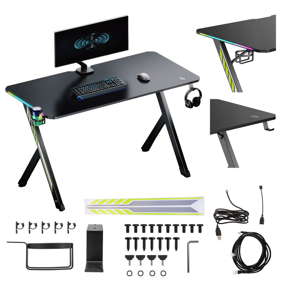 Escritorio para juegos NanoRS, negro, con soporte para auriculares y tazas, retroiluminación RGB, max. 75kg, dimensiones 1200x600x750mm, RS102