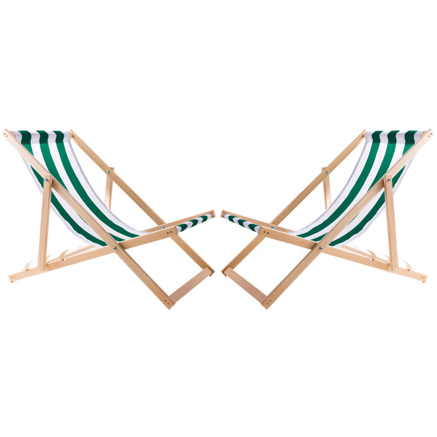 WOODOK Juego de 2 Tumbonas de Madera de Haya, Silla de Playa, Tumbona de Jardín, Patio, Balcón y Terraza, Plegable, hasta 120 kg (Rayas verdes)