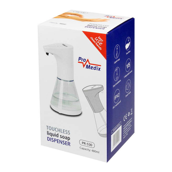Dispensador automático Promedix, recipiente dispensador para sabonetes líquidos, líquidos desinfectantes, 480ml, 4 pilhas AA PR-530 + 4 pilhas Varta Industrial LR6/AA R-06