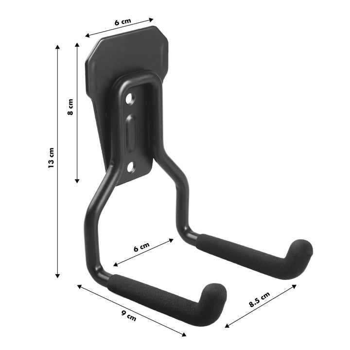 Suporte de parede para garagem Maclean para pneus, ferramentas de jardim, escadas, mangueiras de jardim, aço, carga máxima de 35 kg, MC-439 + gancho de parede de garagem em aço 35 kg, preto