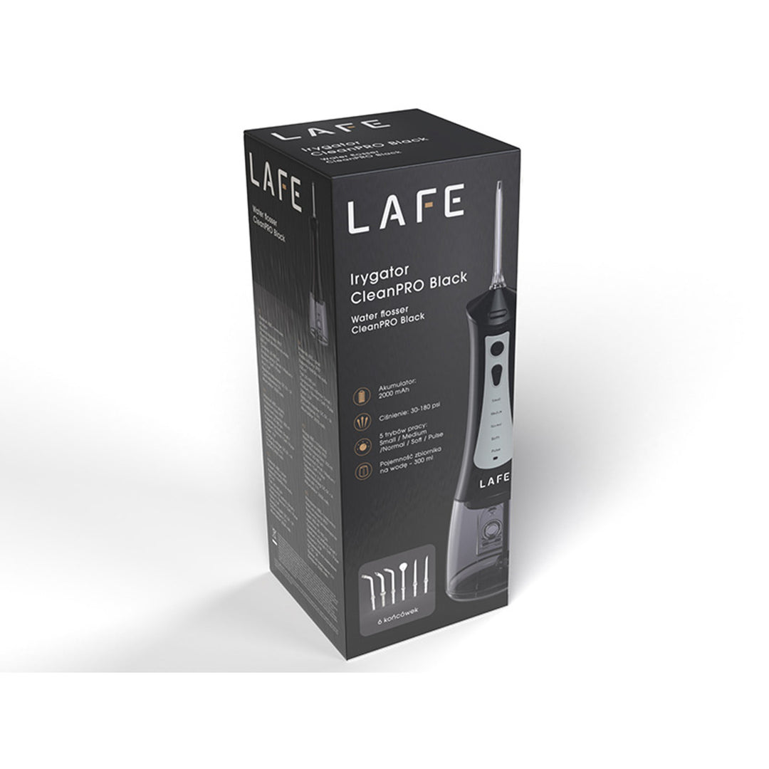 Irrigador Dentário LAFE CleanPRO Preto – 5 Modos, 6 Bocais, 300ml, IPX7, Bateria de 2000mAh, Portátil, Recarregável via USB