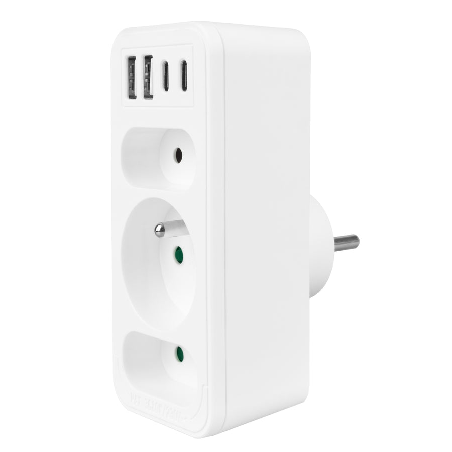 Toma de corriente x3 + 4xUSB Maclean, divisor de 3 tomas, 2xUSB A, 2xUSB C PD 20W, 1x16A + 2x6A, MCE248 F/W