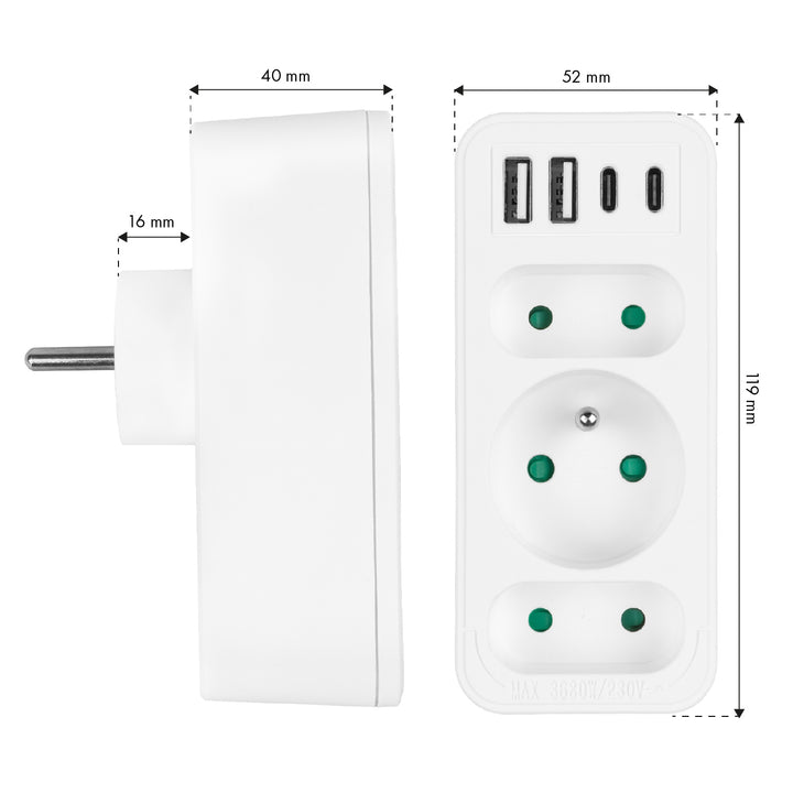 Toma de corriente x3 + 4xUSB Maclean, divisor de 3 tomas, 2xUSB A, 2xUSB C PD 20W, 1x16A + 2x6A, MCE248 F/W