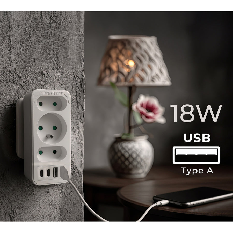 Toma de corriente x3 + 4xUSB Maclean, divisor de 3 tomas, 2xUSB A, 2xUSB C PD 20W, 1x16A + 2x6A, MCE248 F/W