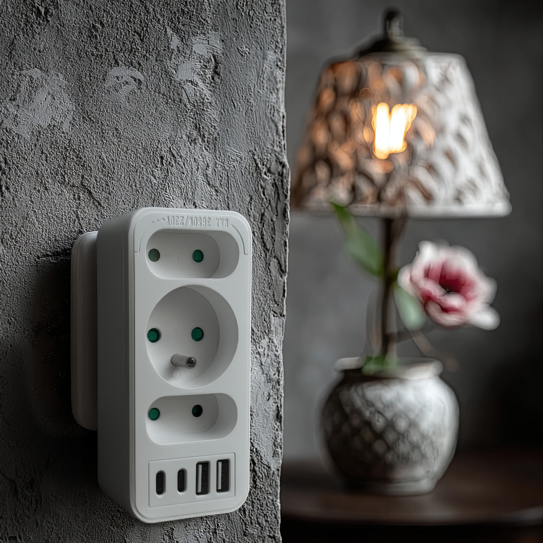 Toma de corriente x3 + 4xUSB Maclean, divisor de 3 tomas, 2xUSB A, 2xUSB C PD 20W, 1x16A + 2x6A, MCE248 F/W