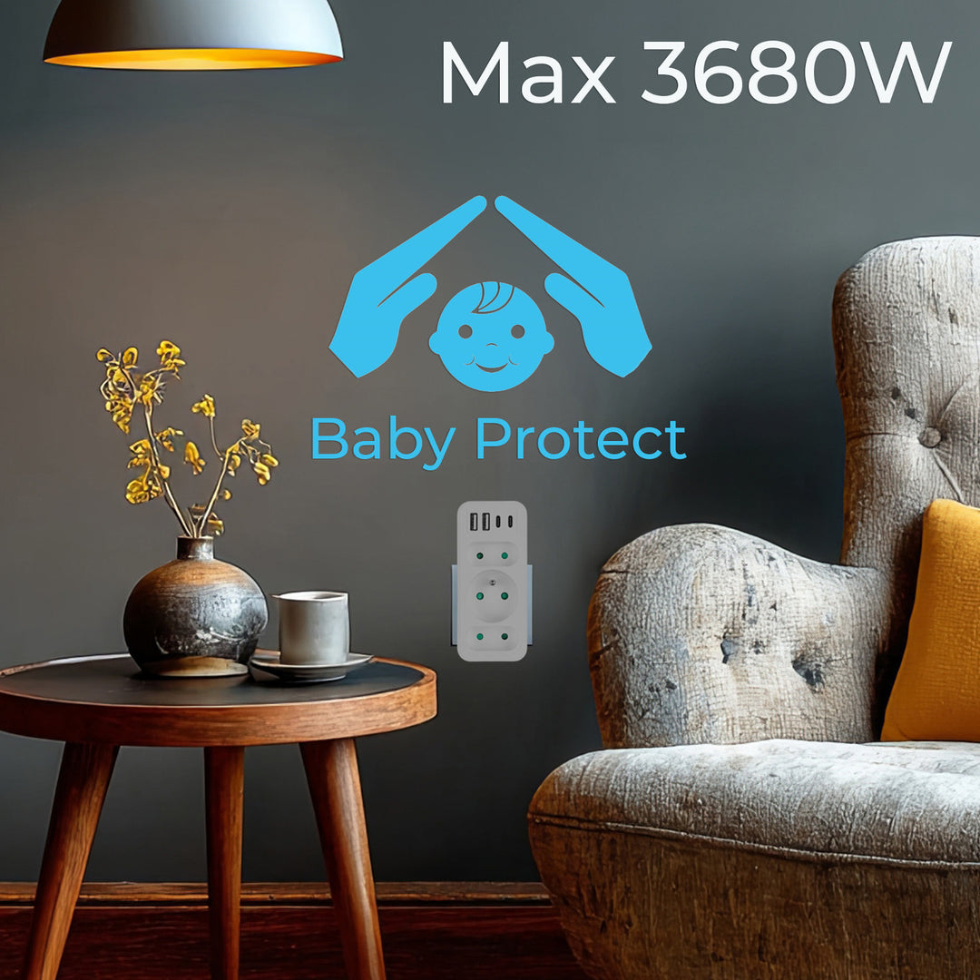 Toma de corriente x3 + 4xUSB Maclean, divisor de 3 tomas, 2xUSB A, 2xUSB C PD 20W, 1x16A + 2x6A, MCE248 F/W