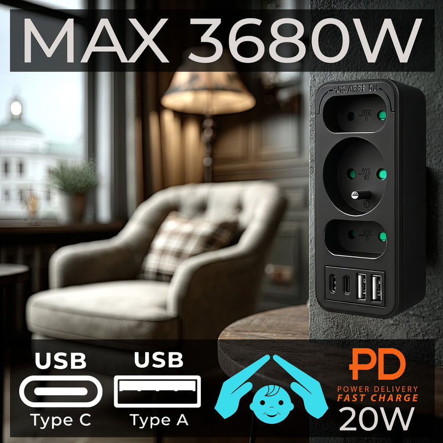 Toma de corriente x3 + 4xUSB Maclean, divisor de 3 tomas, 2xUSB A, 2xUSB C PD 20W, 1x16A + 2x6A, MCE248 F/B