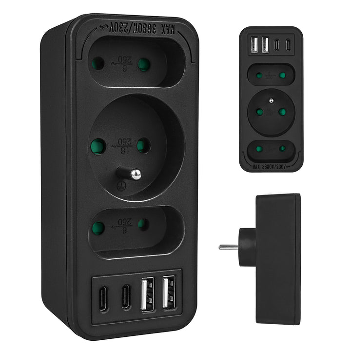 Toma de corriente x3 + 4xUSB Maclean, divisor de 3 tomas, 2xUSB A, 2xUSB C PD 20W, 1x16A + 2x6A, MCE248 F/B
