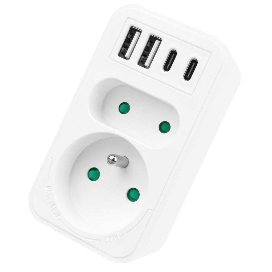 Toma de corriente Maclean x2 + 4xUSB, divisor con 2 tomas, 2xUSB A, 2xUSB C PD 20W, 1x16A + 1x6A, MCE249 F/W