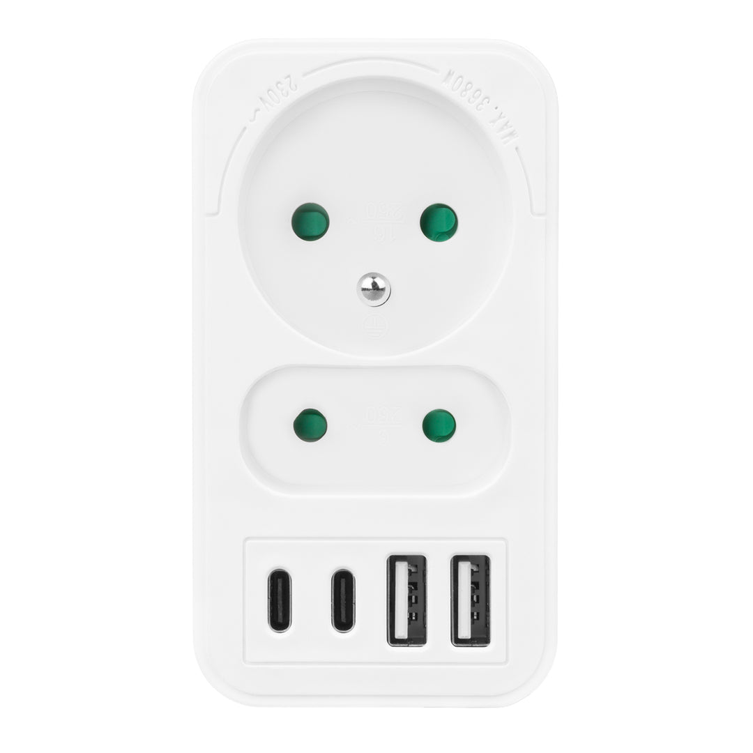 Toma de corriente Maclean x2 + 4xUSB, divisor con 2 tomas, 2xUSB A, 2xUSB C PD 20W, 1x16A + 1x6A, MCE249 F/W