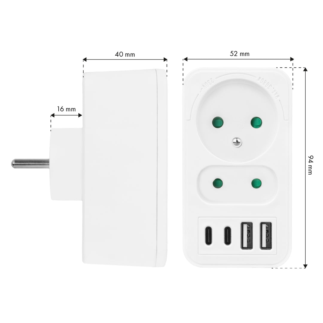 Toma de corriente Maclean x2 + 4xUSB, divisor con 2 tomas, 2xUSB A, 2xUSB C PD 20W, 1x16A + 1x6A, MCE249 F/W